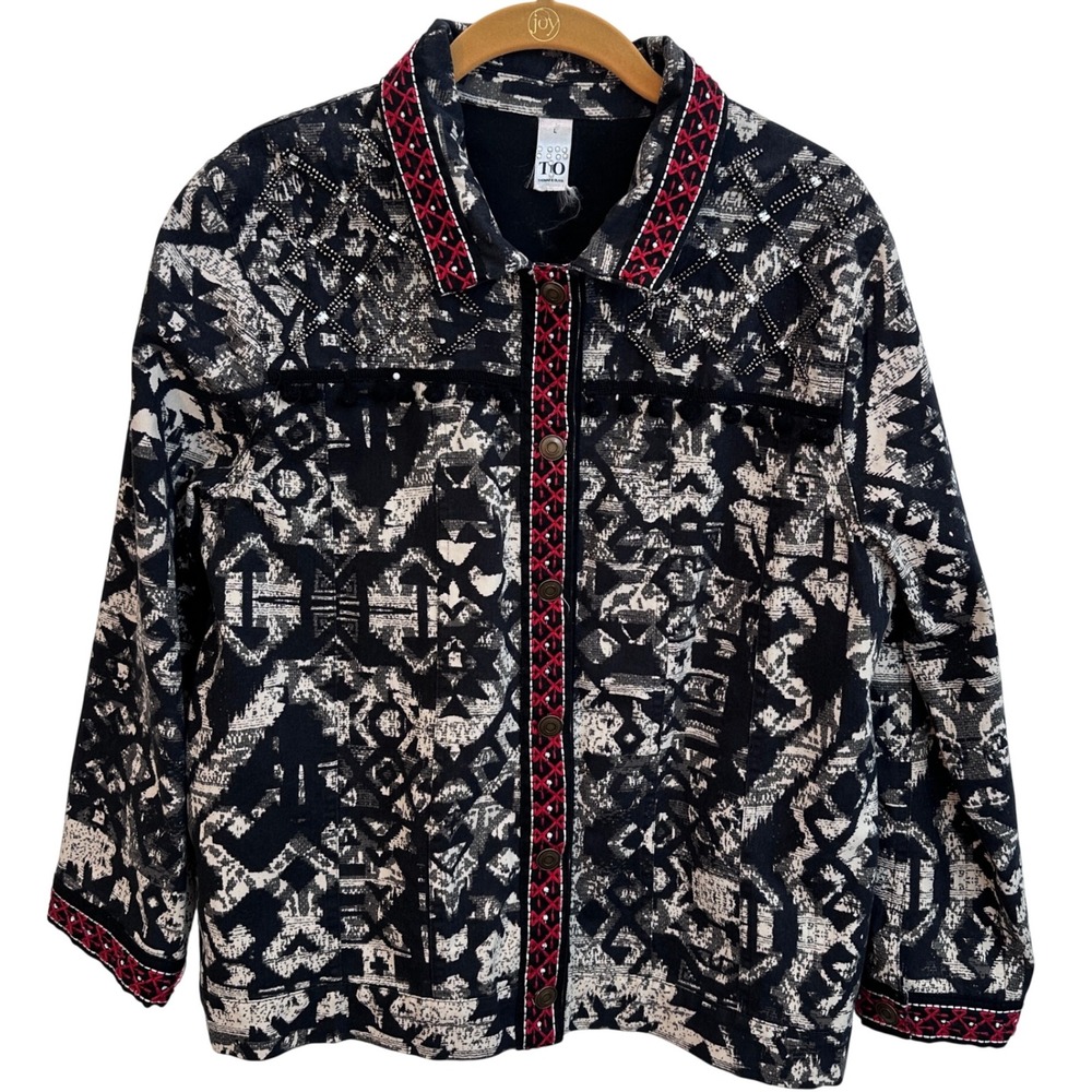 Thomas Olivia Women's L Black White Red‎ Embellished Geometric Print Jacket